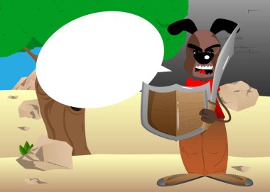 Elinde kılıç ve kalkan tutan komik bir çizgi film köpeği. Vektör illüstrasyonu.