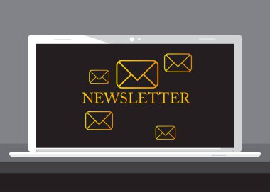 Ekranda Newsletter metin ve sembolü olan dizüstü bilgisayar. İş pazarlama kampanyası. İnternet Postası. Vektör çizgi film illüstrasyonu.