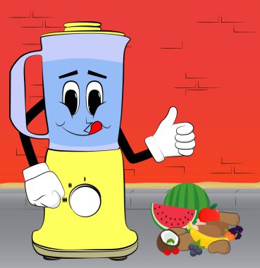 Yemek karıştırıcısı, yüzü olan bir çizgi film karakteri olarak baş parmak işareti yapıyor. Gıda işleme için elektrikli mutfak ekipmanları.