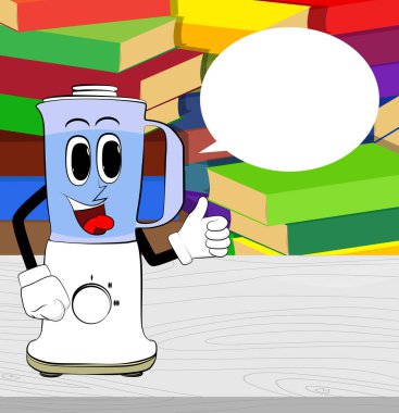 Yemek karıştırıcısı, yüzü olan bir çizgi film karakteri olarak baş parmak işareti yapıyor. Gıda işleme için elektrikli mutfak ekipmanları.