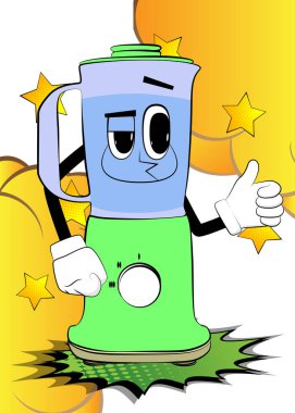 Yemek karıştırıcısı, yüzü olan bir çizgi film karakteri olarak baş parmak işareti yapıyor. Gıda işleme için elektrikli mutfak ekipmanları.