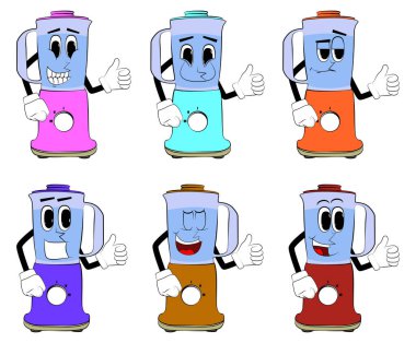 Yemek karıştırıcısı, yüzü olan bir çizgi film karakteri olarak baş parmak işareti yapıyor. Gıda işleme için elektrikli mutfak ekipmanları.