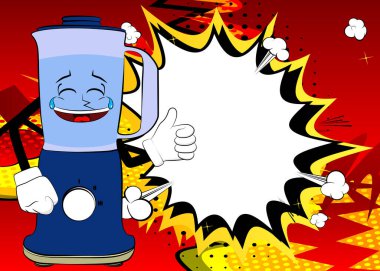 Yemek karıştırıcısı, yüzü olan bir çizgi film karakteri olarak baş parmak işareti yapıyor. Gıda işleme için elektrikli mutfak ekipmanları.