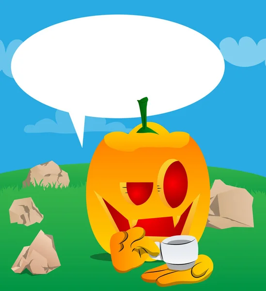 Abóbora Decorativa Para Halloween Segurando Uma Xícara Café Como Personagem — Vetor de Stock