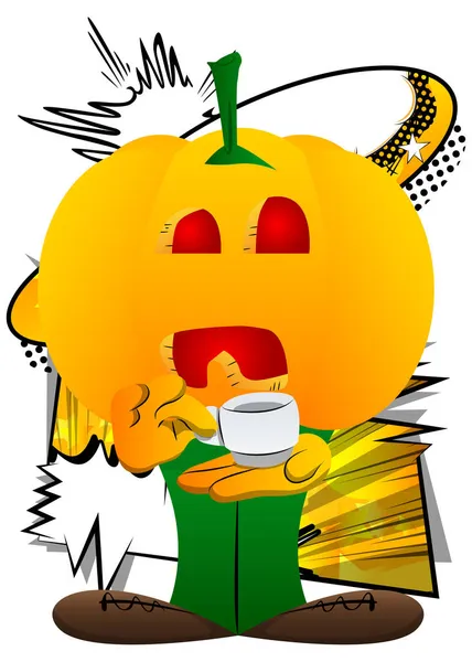 Abóbora Decorativa Para Halloween Segurando Uma Xícara Café Como Personagem — Vetor de Stock
