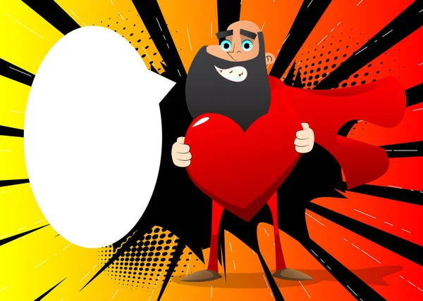 Funny Cartoon Man Dressed Superhero Hugging Big Red Heart Vector — Stock Vector