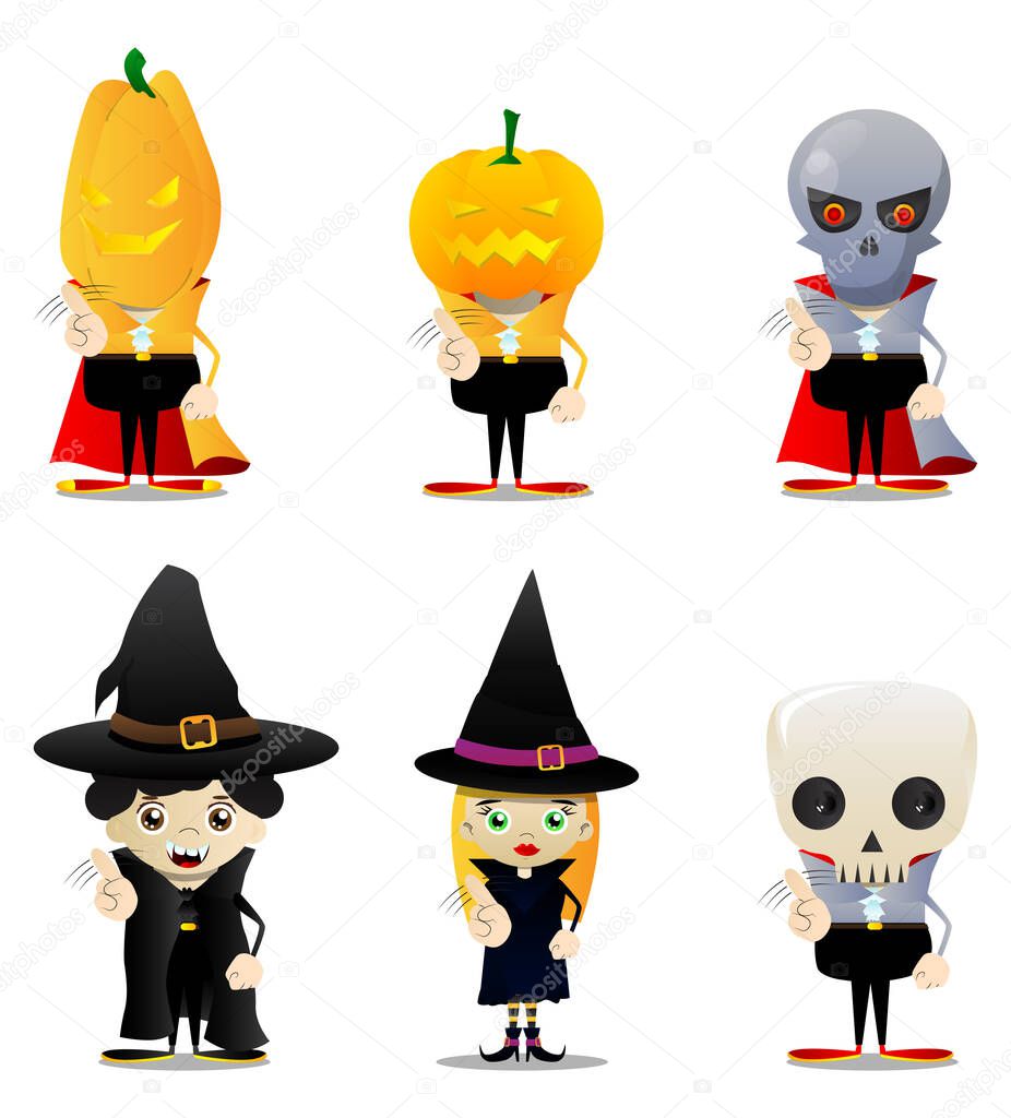 Kid dressed for Halloween saying no with his finger. Vector cartoon character illustration of kids ready to Trick or Treat.