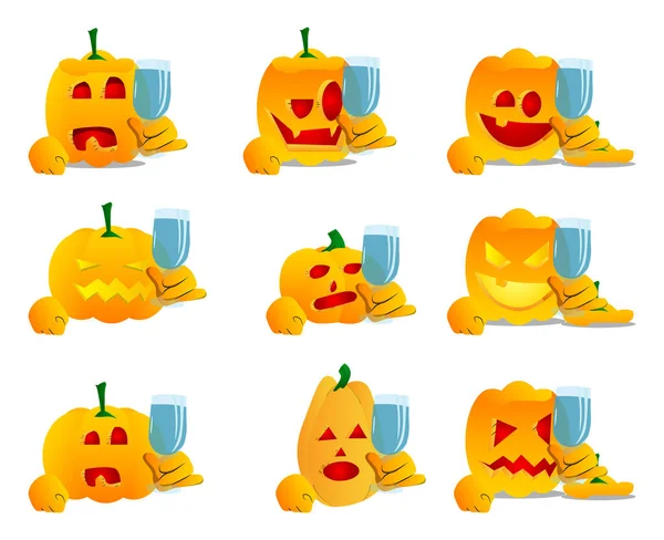 Abóbora Decorativa Para Halloween Com Copo Água Como Personagem Desenho — Vetor de Stock