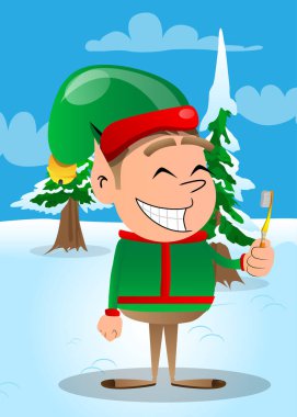 Noel Elfi diş fırçası tutuyor. Vektör çizgi film karakteri çizimi Noel Baba 'nın küçük çalışanı, yardımcısı.