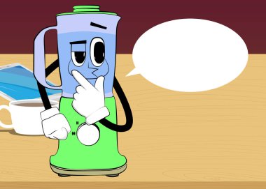 Yemek karıştırıcısı, yüzü olan bir çizgi film karakteri gibi parmağını ağzının önünde tutuyor. Gıda işleme için elektrikli mutfak ekipmanları.