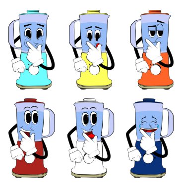 Yemek karıştırıcısı, yüzü olan bir çizgi film karakteri gibi parmağını ağzının önünde tutuyor. Gıda işleme için elektrikli mutfak ekipmanları.