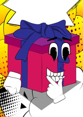 Çizgi film karakteri olarak parmağını ağzının önünde tutan hediye kutusu. Tatil, mutlu yüz duygularıyla kutlama sürprizi..
