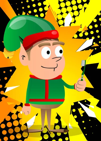 Elfo Navidad Sosteniendo Cepillo Dientes Ilustración Del Personaje Dibujos Animados — Archivo Imágenes Vectoriales