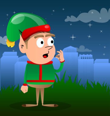Noel Elfi, tamam işareti gösteriyor. Vektör çizgi film karakteri çizimi Noel Baba 'nın küçük çalışanı, yardımcısı.