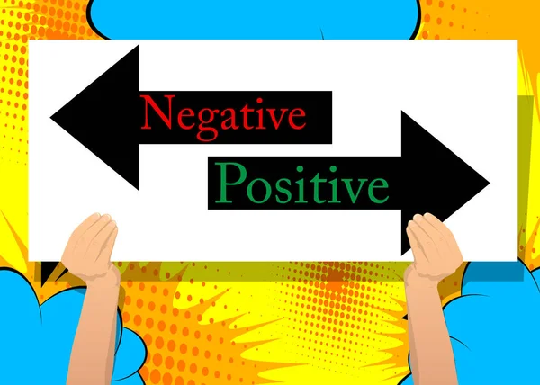 Ruční Banner Negativním Pozitivním Textem Bílém Papíru Muž Ukazující Billboard — Stockový vektor