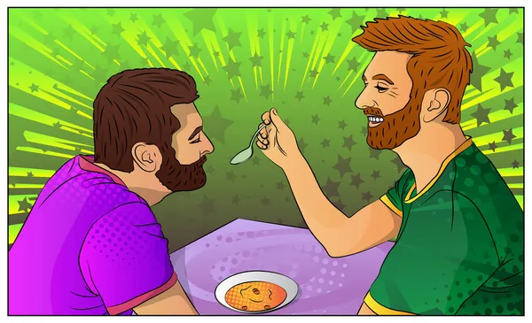 快乐的同性恋夫妇手牵着勺子待在家里一起吃午饭漫画书风格矢量插图 — 图库矢量图片