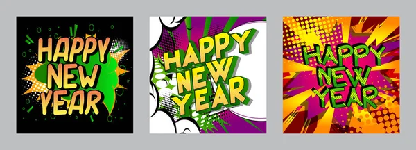 Creative Happy New Year Holiday Design Card Comic Book Background — Stock Vector