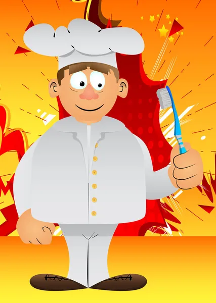 Fat Male Cartoon Chef Uniform Holding Toothbrush Vector Illustration — Vetor de Stock