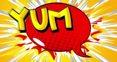 Yum, Yum. Hareket posteri. 4k animasyon çizgi roman kelime metni soyut çizgi roman arkaplanı üzerinde hareket ediyor. Retro pop sanat tarzı.