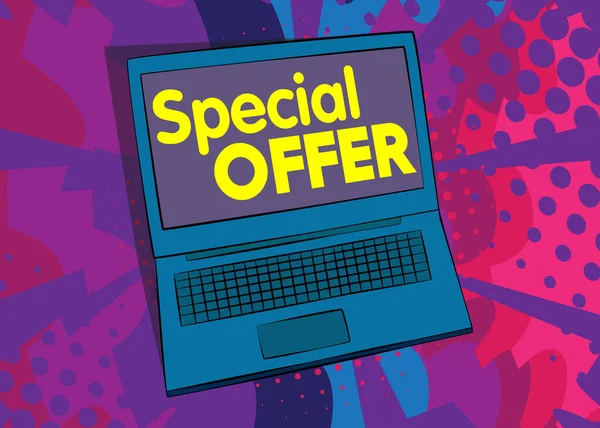Laptop Met Het Woord Speciale Aanbieding Het Scherm Vector Cartoon — Stockvector