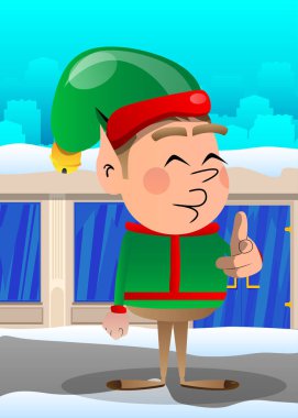 Noel Elf eliyle izleyiciyi işaret ediyor. Vektör çizgi film karakteri çizimi Noel Baba 'nın küçük çalışanı, yardımcısı.