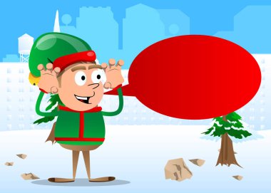Noel Elfi seni korkutmaya çalışıyor. Vektör çizgi film karakteri çizimi Noel Baba 'nın küçük çalışanı, yardımcısı.