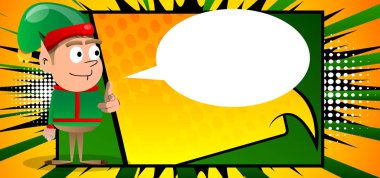 Noel Elf eliyle izleyiciyi işaret ediyor. Vektör çizgi film karakteri çizimi Noel Baba 'nın küçük çalışanı, yardımcısı.