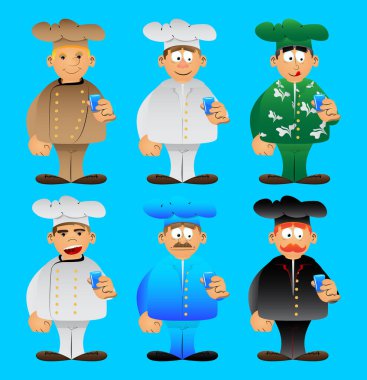 Üniformalı şişman erkek karikatür şefi brendi içiyor. Vektör çizimi. Küçük bardakta alkolle pişirin..