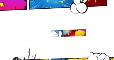 Yazı için yeri olan Pop Art arka planı. Çizgi roman çerçevesi, sayfa animasyonu. Reklam için gerici karikatür çizimi. Çizgi roman süper kahraman metni için zemin. 4k canlandırılmış soyut görüntü.