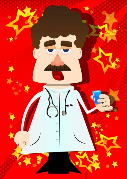 Divertido Médico Dibujos Animados Bebiendo Brandy Ilustración Vectorial Trabajador Salud — Vector de stock