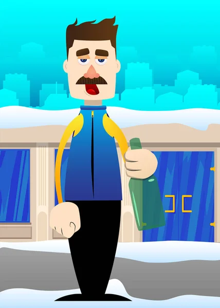 Homem Engraçado Dos Desenhos Animados Vestido Para Inverno Segurando Uma —  Vetores de Stock