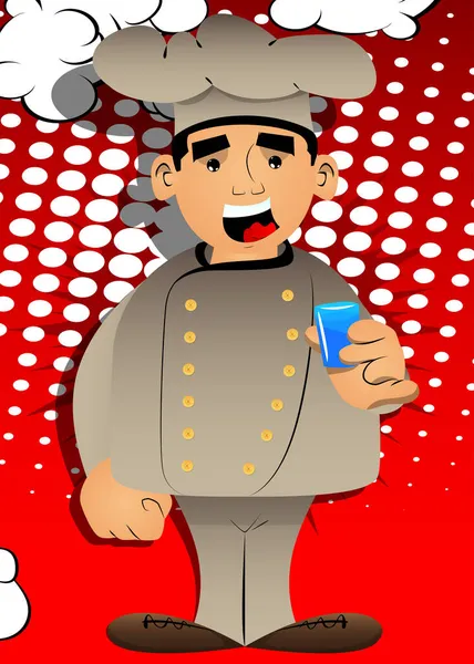 均一な飲料ブランデーの脂肪の男性漫画のシェフ ベクトルイラスト アルコールの小さなガラスで料理 — ストックベクタ