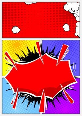 Pop Art 'ın arka planı. Renkli köşeli çizgi roman çerçevesi. Reklam için düzenlenebilir karikatür retro vektör çizimi.