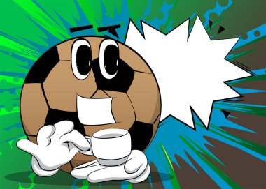 Futbol topu bir fincan kahve tutuyor. Yüzü olan bir çizgi film karakteri olarak geleneksel futbol topu.