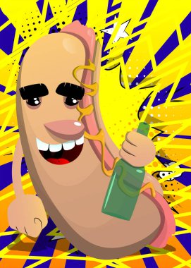 Hot Dog elinde şişe tutuyor. Çizgi film karakteri olarak Amerikan fast food..