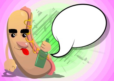 Hot Dog elinde şişe tutuyor. Çizgi film karakteri olarak Amerikan fast food..