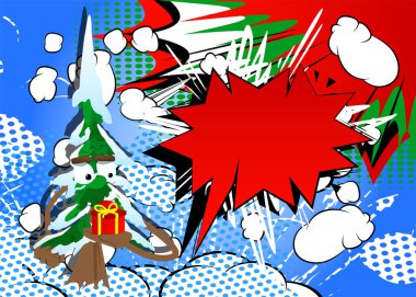 Çizgi filmlerde küçük hediye kutuları tutan çam ağaçları. Şirin orman ağaçları. Çam çizgi film karakteri üzerinde kar, komik tatil vektör çizimi.