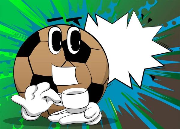 サッカーボールはコーヒーを一杯持っている 顔を持つ漫画のキャラクターとしての伝統的なサッカーボール — ストックベクタ