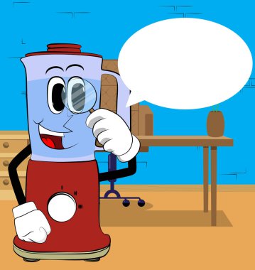 Yemek karıştırıcısı elinde büyüteç olan bir çizgi film karakteri. Gıda işleme için elektrikli mutfak ekipmanları.