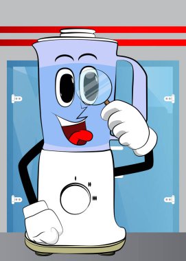 Yemek karıştırıcısı elinde büyüteç olan bir çizgi film karakteri. Gıda işleme için elektrikli mutfak ekipmanları.