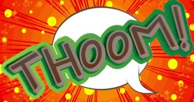 Thoom. Hareket posteri. 4k animasyon çizgi roman kelime metni soyut çizgi roman arkaplanı üzerinde hareket ediyor. Retro pop sanat tarzı.