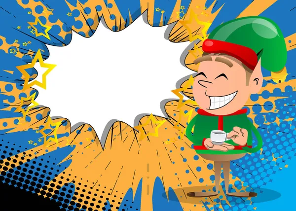 Kerst Elf Met Een Kop Koffie Vector Cartoon Karakter Illustratie — Stockvector