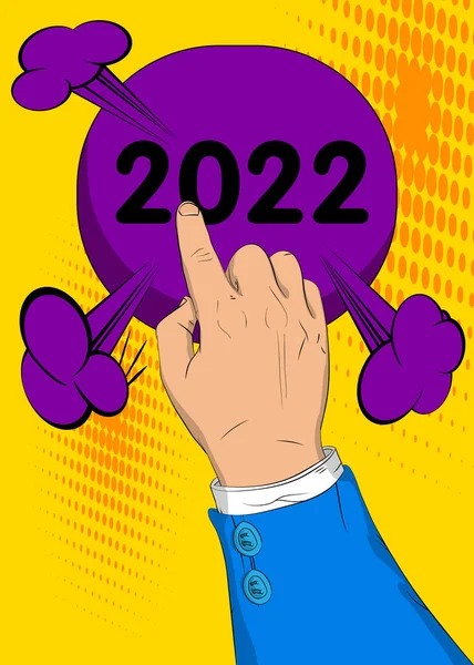 商人用食指按2022按钮 漫画书风格的概念 未来的商业生涯 新年目标 目标概念 — 图库矢量图片