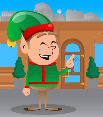 Noel Elfi parmağıyla hayır diyor. Vektör çizgi film karakteri çizimi Noel Baba 'nın küçük çalışanı, yardımcısı.