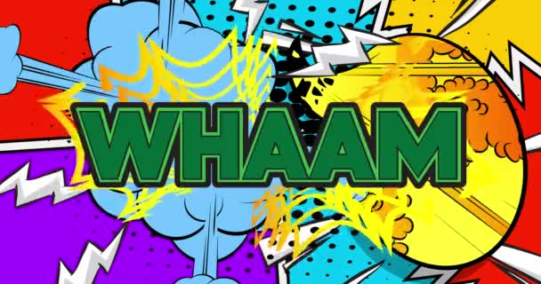 Whaam Bewegungsplakat Animierter Comic Worttext Auf Abstraktem Comichintergrund Retro Pop — Stockvideo