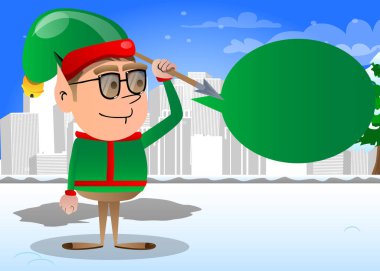 Noel elfi elinde mızrak tutuyor. Vektör çizgi film karakteri çizimi Noel Baba 'nın küçük çalışanı, yardımcısı.