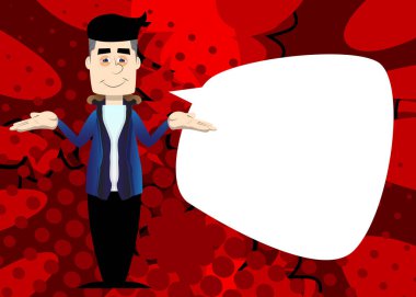 Kış omuz silkmesi gibi giyinmiş komik çizgi film adamı jestten anlamıyor. Vektör illüstrasyonu.