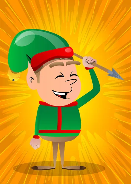 Noel Elfi Elinde Mızrak Tutuyor Vektör Çizgi Film Karakteri Çizimi — Stok Vektör