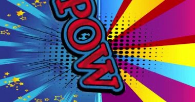 Bam! Çizgi Roman İfadesi. Hareket posteri. Soyut çizgi roman arka planında 4k animasyon metni hareket ediyor. Retro pop sanat tarzı.