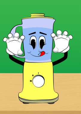 Food Blender seni yüzü olan bir çizgi film karakteri olarak korkutmaya çalışıyor. Gıda işleme için elektrikli mutfak ekipmanları.